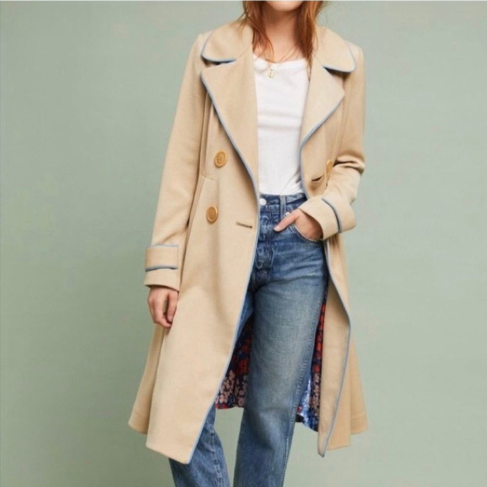 Anthropologie ett:twa Beige Piped Trench Coat with Blue Trim, Size 6